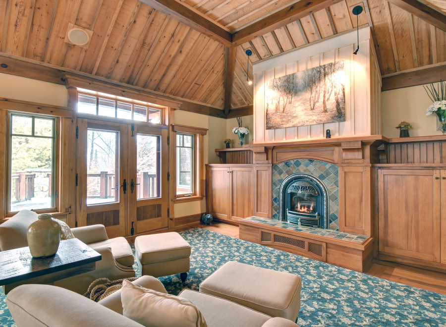 This stunning living room boasts a cozy fireplace, perfect for chilly evenings.