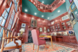 Step into luxury with this stunning home office, featuring rich wood paneling and a grand staircase.