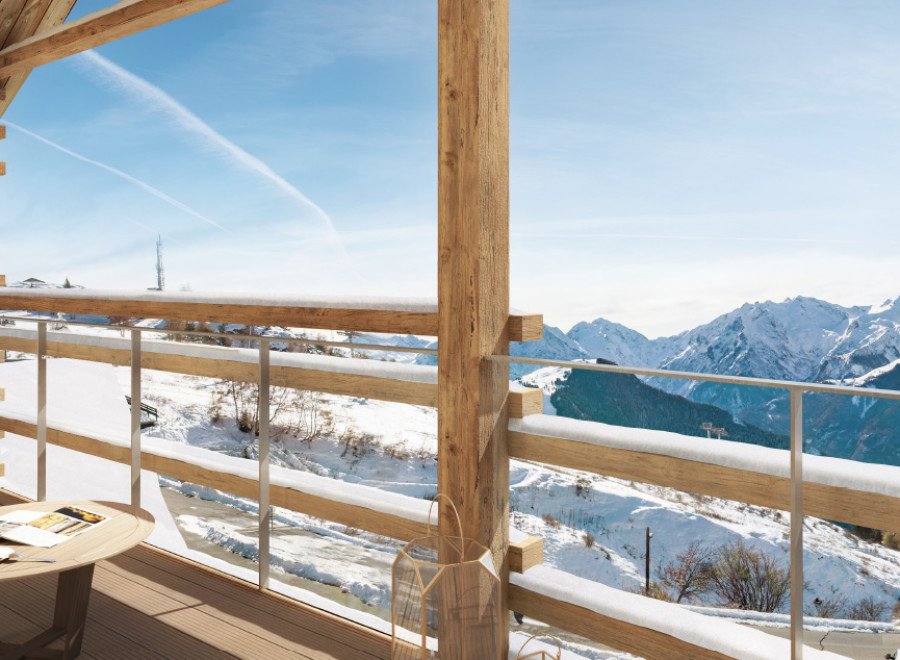Experience breathtaking mountain views from this luxurious balcony.