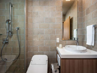 This modern bathroom boasts a sleek, minimalist design with a walk-in shower, a toilet, and a stylish vanity with a vessel sink.