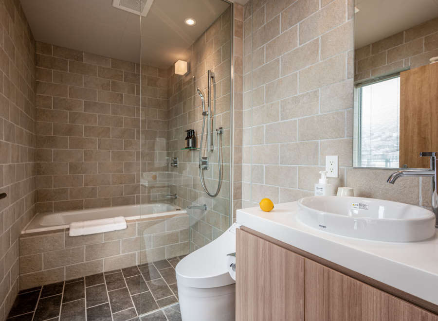 This modern bathroom boasts a spacious shower with glass enclosure, a built-in bathtub, and a sleek, contemporary vanity with a vessel sink.