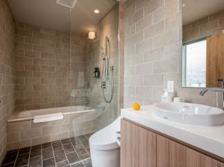 This modern bathroom boasts a spacious shower with glass enclosure, a built-in bathtub, and a sleek, contemporary vanity with a vessel sink.