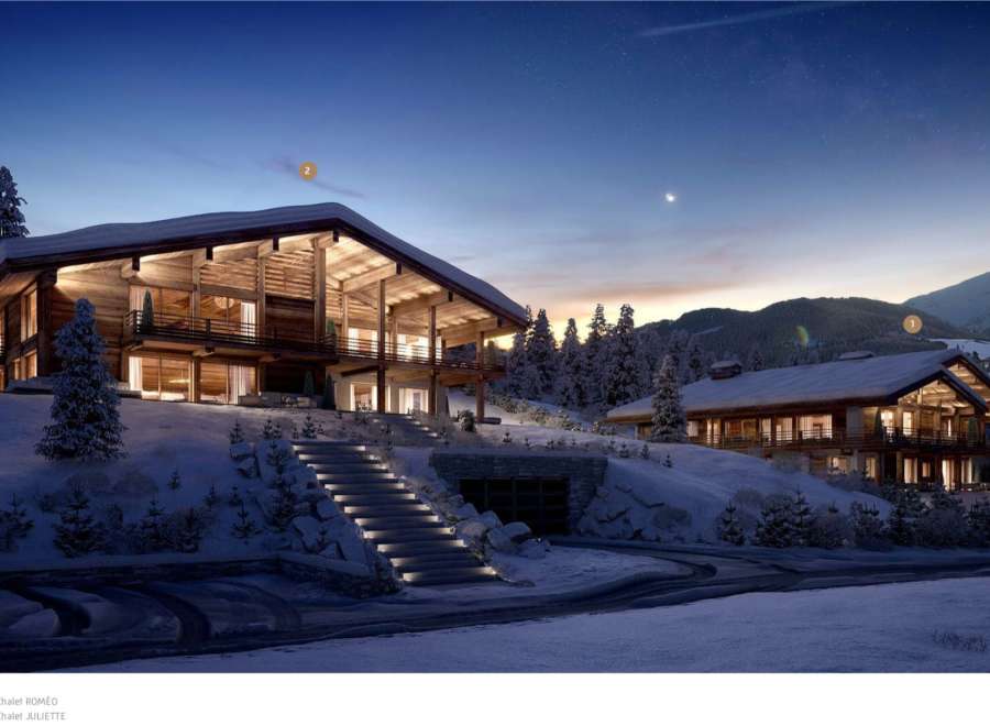 Luxury chalet nestled in a snowy mountainside, offering breathtaking views.
