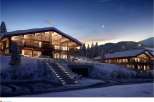 Luxury chalet nestled in a snowy mountainside, offering breathtaking views.