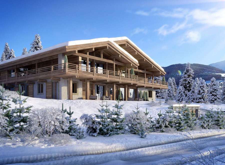 Luxury chalet in the snowy Alps, boasting stunning mountain views and spacious wooden interiors.