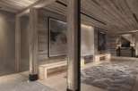 This luxurious property boasts a stunning entryway with wood-paneled walls and ceilings, creating a warm and inviting atmosphere.