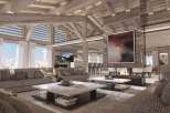 This luxurious chalet boasts a spacious open-plan living area with soaring ceilings and exposed wooden beams, creating a warm and inviting atmosphere.
