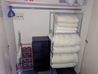 This well-organized closet maximizes storage space with a hanging rod, shelving, and a built-in dresser.