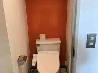 Step into a modern bathroom with a sleek toilet and stylish design.