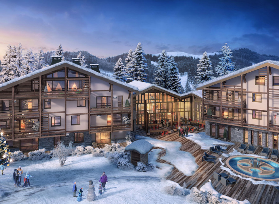 Luxury ski resort nestled in a snowy mountainside, featuring stunning architecture with spacious rooms and balconies.