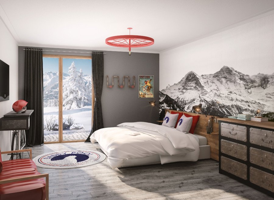 This stunning hotel room boasts a breathtaking mountain view from its large window, complemented by a cozy and stylish interior.