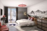 This stunning hotel room boasts a breathtaking mountain view from its large window, complemented by a cozy and stylish interior.