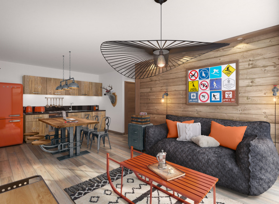 This stunning apartment boasts a unique blend of rustic and modern design, featuring a cozy living area with a comfortable sofa and a stylish coffee table.