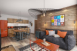 This stunning apartment boasts a unique blend of rustic and modern design, featuring a cozy living area with a comfortable sofa and a stylish coffee table.