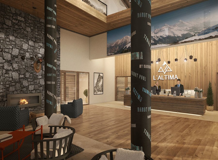 L'Altima's lobby boasts a stunning design, blending rustic stone with modern wooden accents and a cozy fireplace.