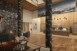 L'Altima's lobby boasts a stunning design, blending rustic stone with modern wooden accents and a cozy fireplace.