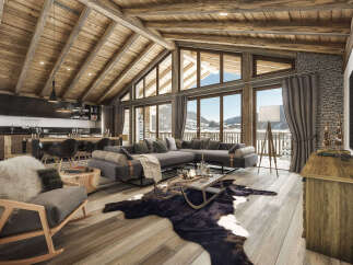 This stunning chalet boasts a spacious open-plan living area with exposed wooden beams, large windows offering breathtaking mountain views, and a cozy fireplace.