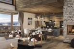 This stunning chalet boasts an open-plan living area with a cozy fireplace, a spacious dining area perfect for entertaining, and a modern kitchen.