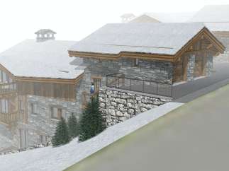 This stunning chalet boasts a prime location on a snowy hillside, offering breathtaking views.