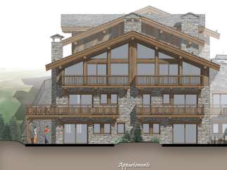 This stunning chalet boasts a unique blend of rustic stone and modern wood, creating a warm and inviting atmosphere.