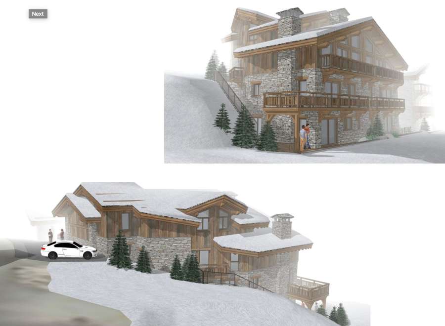 Luxury chalet with stunning mountain views, featuring spacious interiors and multiple balconies.
