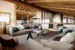 This stunning chalet boasts a spacious open-plan living area with exposed wooden beams and a cozy fireplace, perfect for relaxing after a day on the slopes.