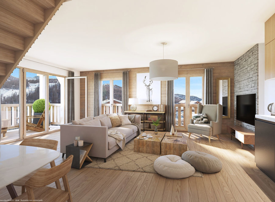 This stunning apartment boasts an open-plan living area with floor-to-ceiling windows offering breathtaking mountain views, a cozy fireplace, and a modern kitchen.