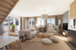 This stunning apartment boasts an open-plan living area with floor-to-ceiling windows offering breathtaking mountain views, a cozy fireplace, and a modern kitchen.
