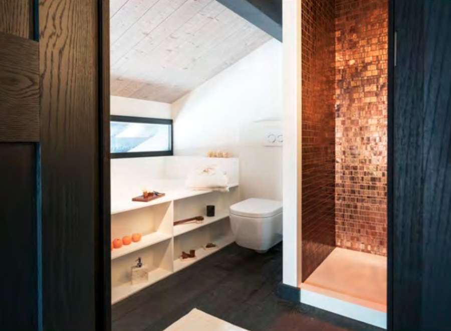 Luxury bathroom with copper mosaic tile shower, built-in shelving, and a modern toilet.