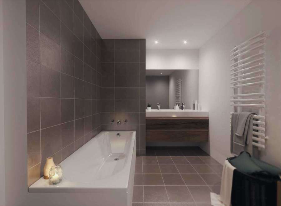 This modern bathroom features a sleek, minimalist design with a luxurious soaking tub.
