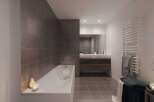 This modern bathroom features a sleek, minimalist design with a luxurious soaking tub.