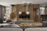 This stunning living room boasts a unique design with a wooden accent wall and a modern TV setup.