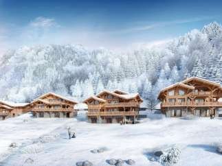 Luxury ski chalets nestled in a snowy mountainside, offering breathtaking views and serene winter landscapes.