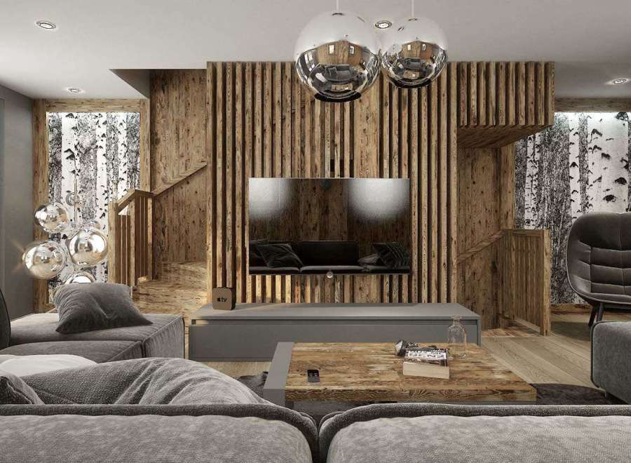 This stunning living room boasts a unique design with a wooden accent wall and a modern TV setup.