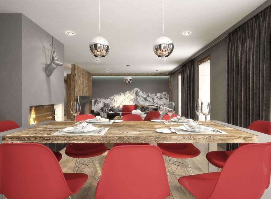 This stunning dining room boasts a modern design with a rustic touch.
