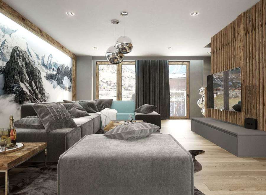 Experience luxury living in this stunning property, featuring a cozy living room with a plush gray sofa and a stylish ottoman.