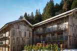 Discover a stunning wooden chalet nestled in a picturesque mountain setting.