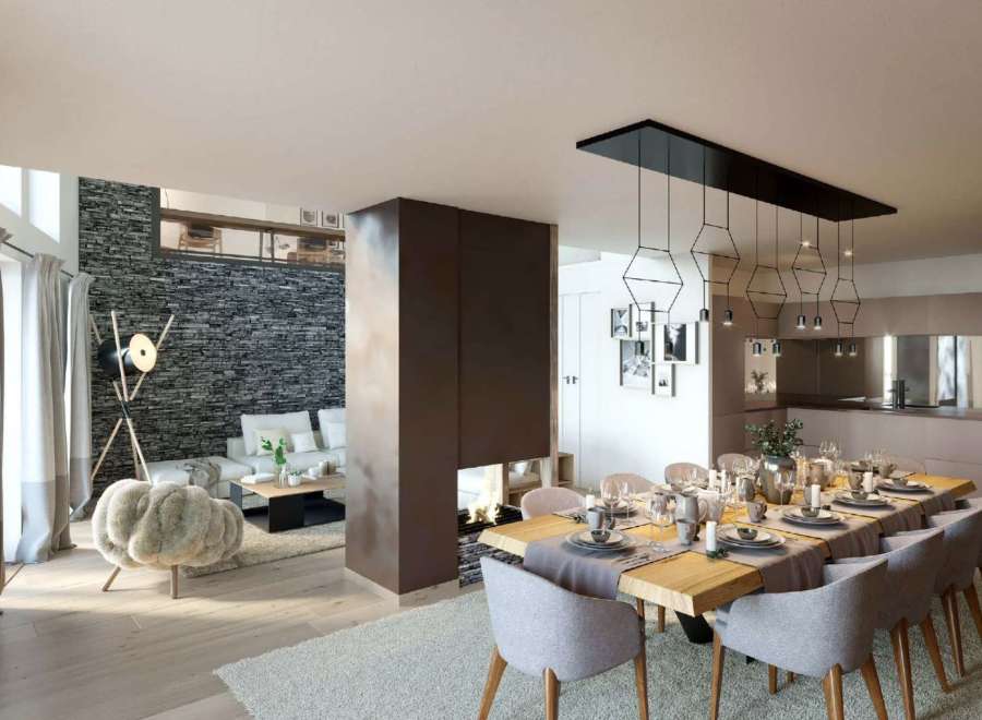 Stunning modern apartment boasting an open-plan living area with a feature fireplace and a sleek dining space.
