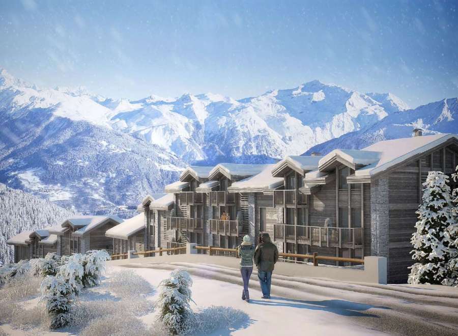 Luxury ski-in/ski-out chalets in the French Alps, offering breathtaking mountain views.
