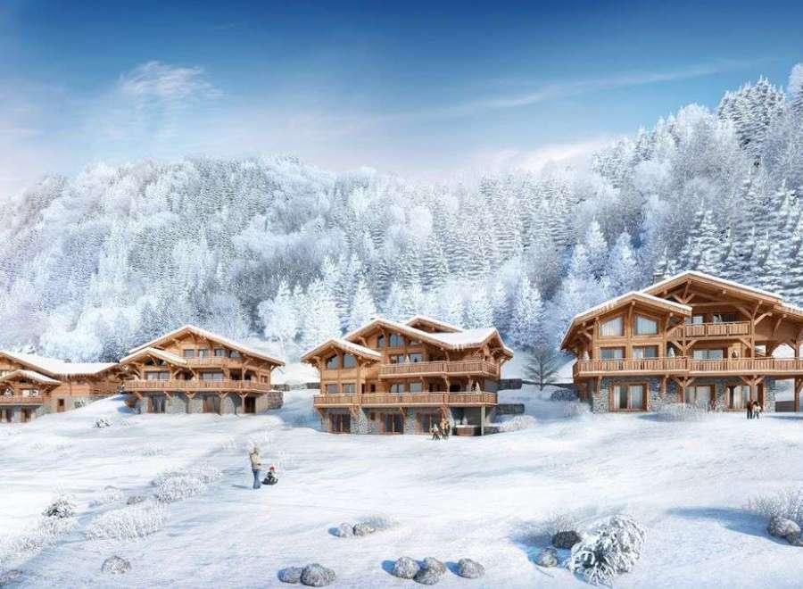 Luxury ski chalets nestled in a snowy mountainside, offering breathtaking views and serene winter landscapes.