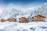 Luxury ski chalets nestled in a snowy mountainside, offering breathtaking views and serene winter landscapes.