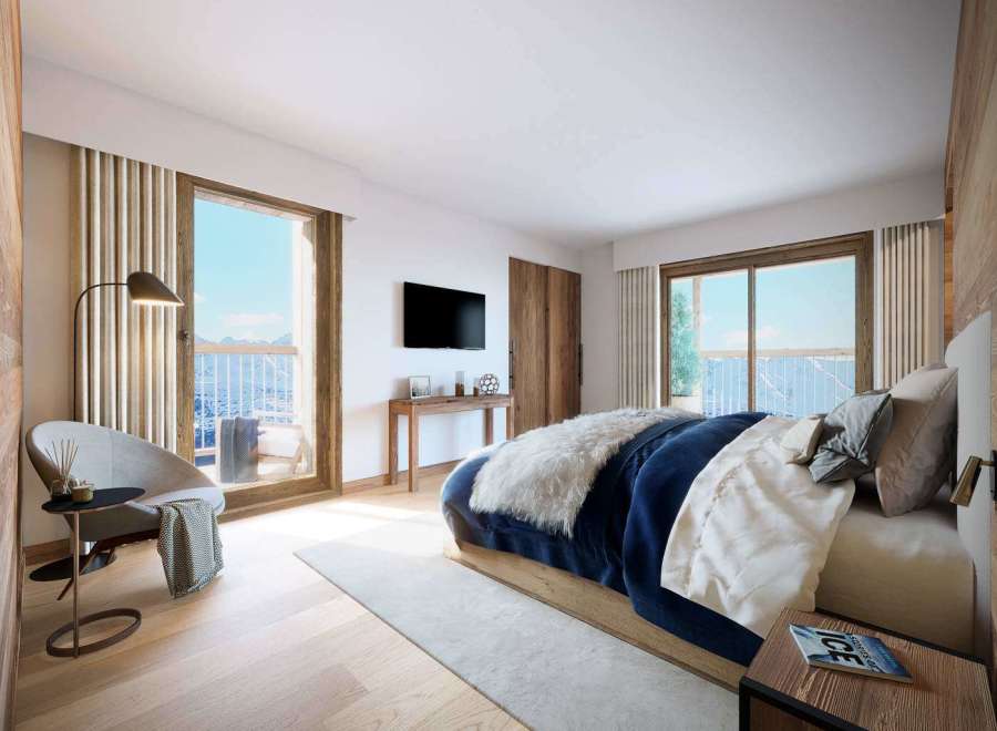 Experience luxury in this stunning bedroom with breathtaking mountain views.