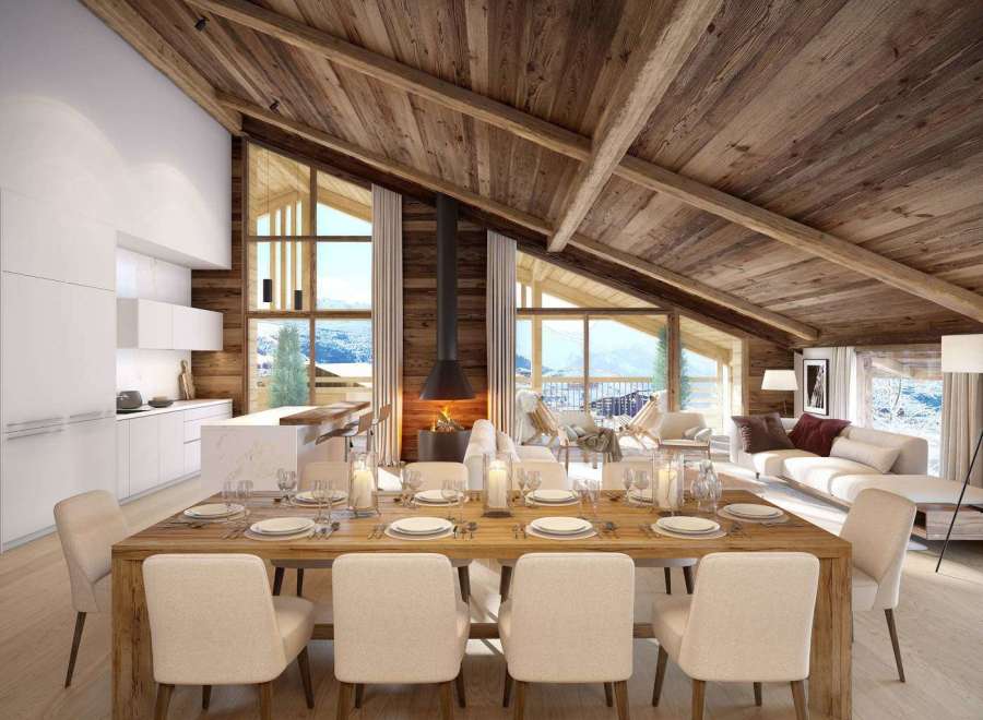 Experience luxury living in this stunning chalet, featuring a cozy fireplace and breathtaking mountain views.