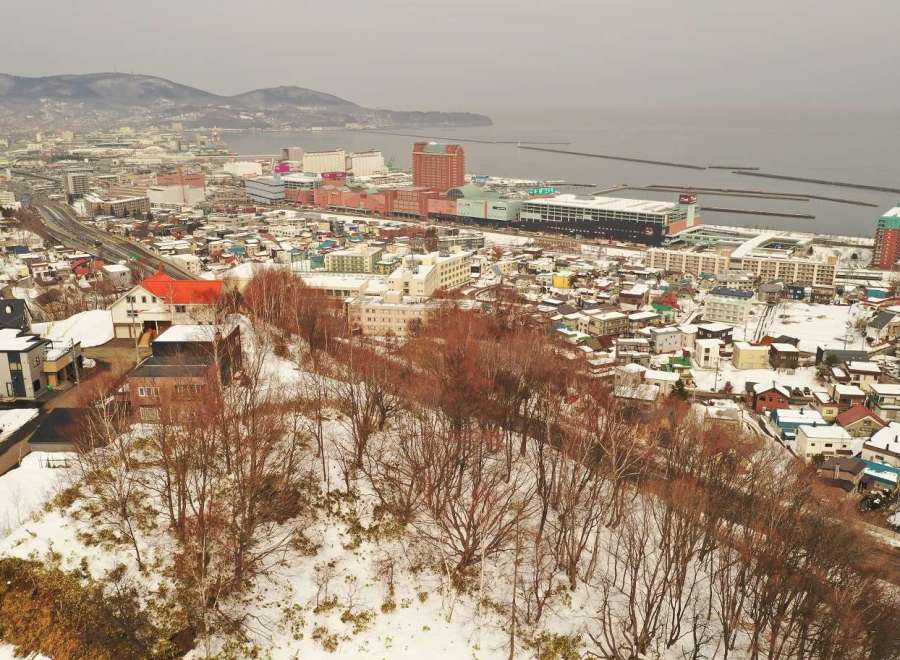 This stunning aerial view showcases a snow-covered cityscape, offering a unique perspective on urban living.