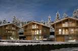 Experience the ultimate winter getaway in these stunning wooden chalets nestled in a snowy landscape.