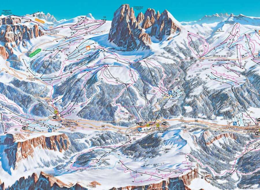 Explore the stunning ski slopes of the Dolomites with this detailed map.