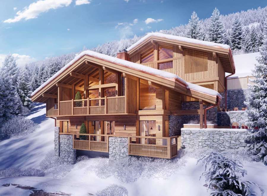 Experience the ultimate winter escape in this stunning wooden chalet nestled in a snowy landscape.