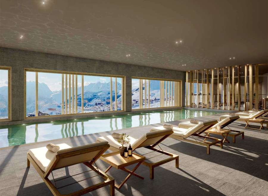 Indulge in luxury at this stunning property, featuring a serene indoor pool with breathtaking mountain views.