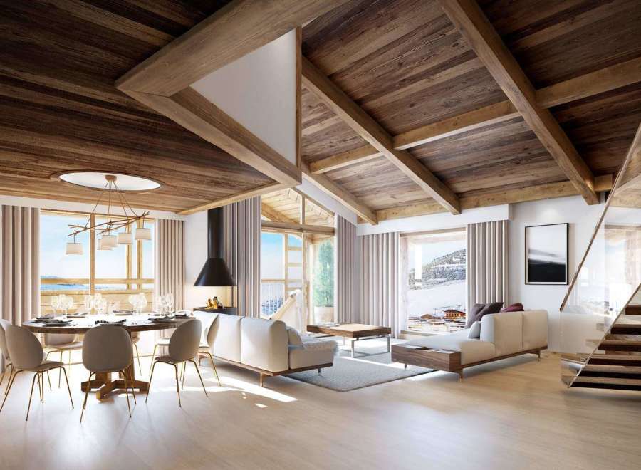 Experience luxury living in this stunning property, featuring a warm and inviting interior with exposed wooden beams and a cozy fireplace.