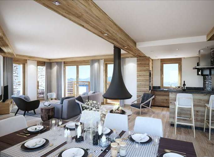 Experience luxury living in this stunning chalet, featuring a modern fireplace and a spacious dining area perfect for entertaining.